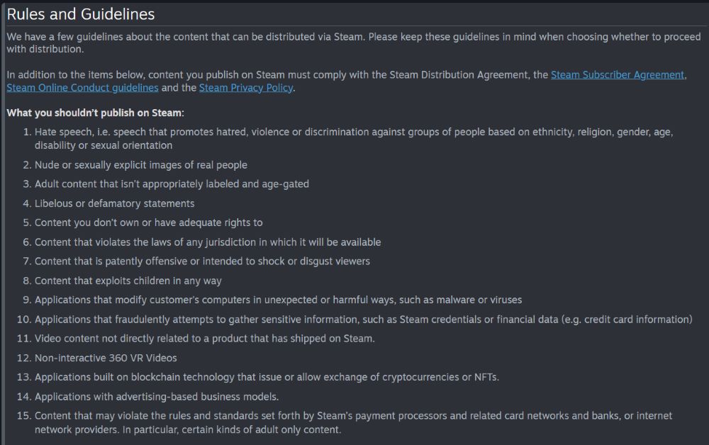 Steam content guideline update